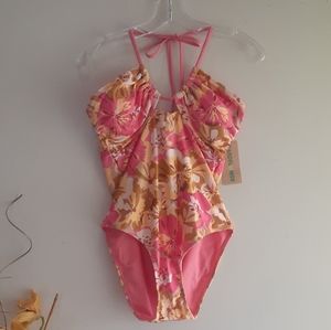 🆕️ Sandflower NWT Pink Coral Orange Floral Large Swimsuit